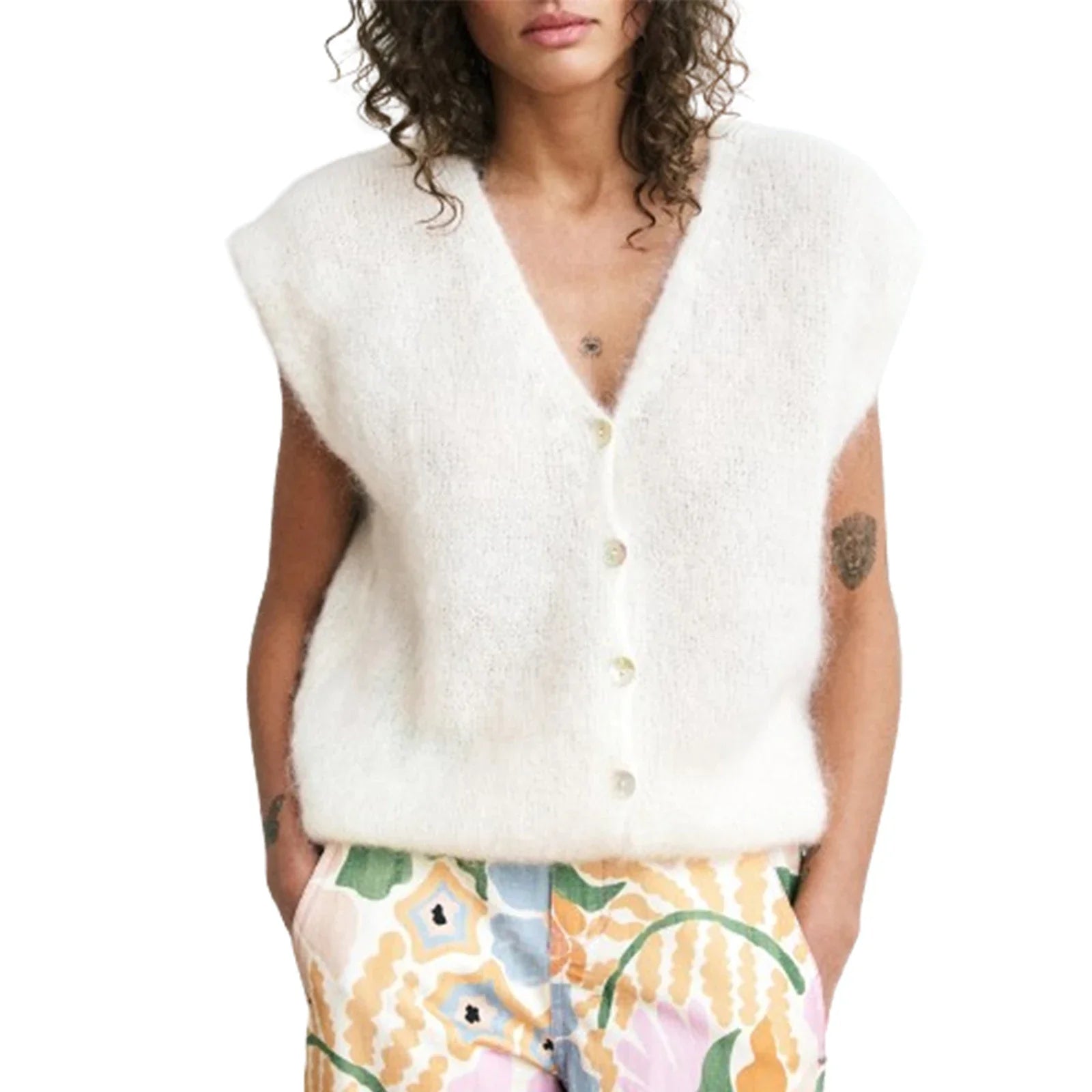 Women Knit Vest Elegant Furry Sleeveless Button - WHITE / S