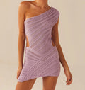 Women Knitted Bodycon Short Mini Dresse - PURPLE / L