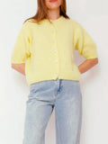 Women Knitted Crop Cardigan Shirt Short Sleeve Button Down Ribbed Knit - Yellow / S