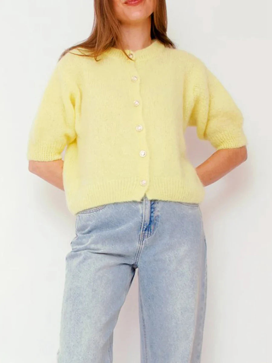 Women Knitted Crop Cardigan Shirt Short Sleeve Button Down Ribbed Knit - Yellow / S
