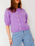 Women Knitted Crop Cardigan Shirt Short Sleeve Button Down Ribbed Knit - PURPLE / S