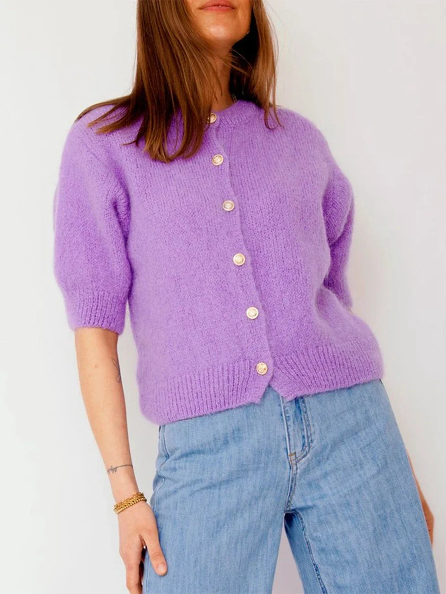 Women Knitted Crop Cardigan Shirt Short Sleeve Button Down Ribbed Knit