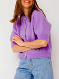 Women Knitted Crop Cardigan Shirt Short Sleeve Button Down Ribbed Knit