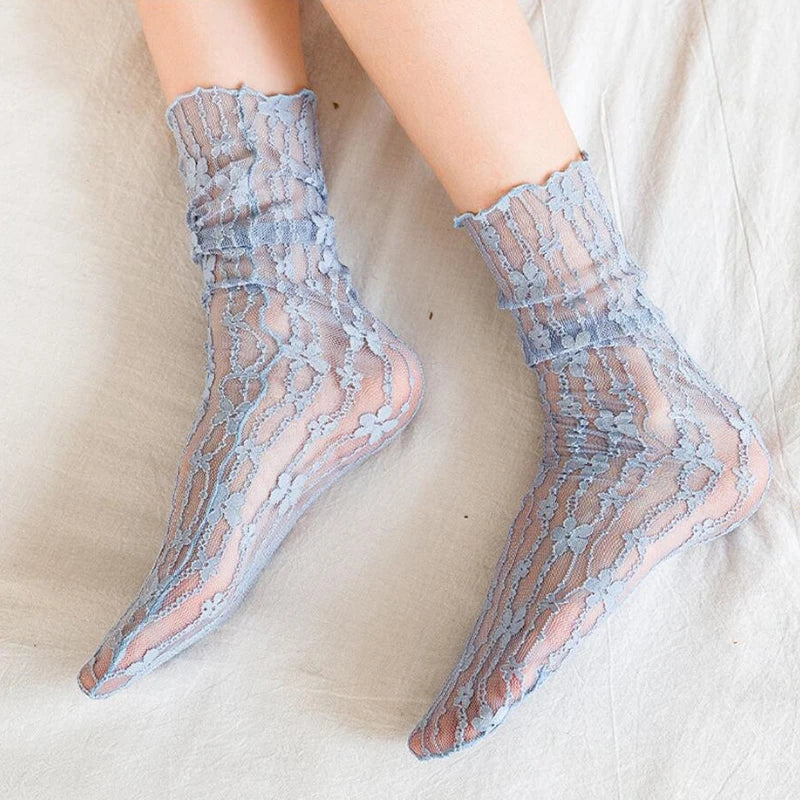 Women Lace Flower Fashion Ultra-thin Transparent Mesh Crew Socks