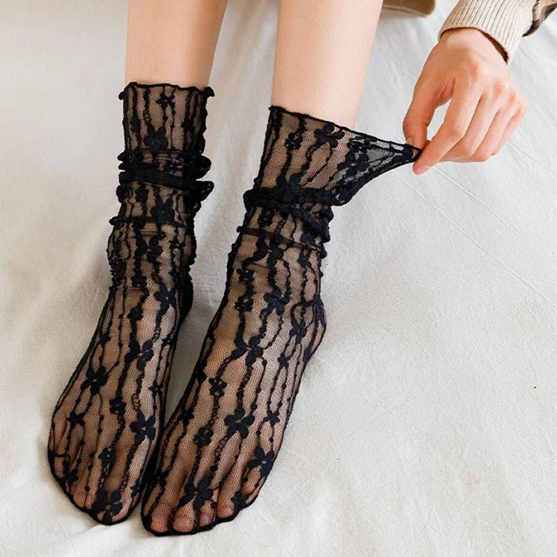 Women Lace Flower Fashion Ultra-thin Transparent Mesh Crew Socks