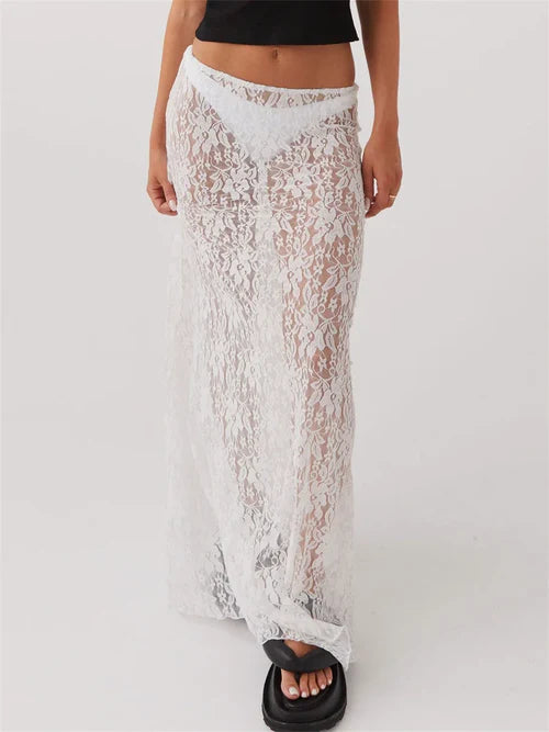 Women Lace Long Skirt Low Rise A-line Midi - L / WHITE - Other