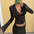 Women Lace See Through Tee Shirt Sheer Mesh Long Sleeve Crop - Other