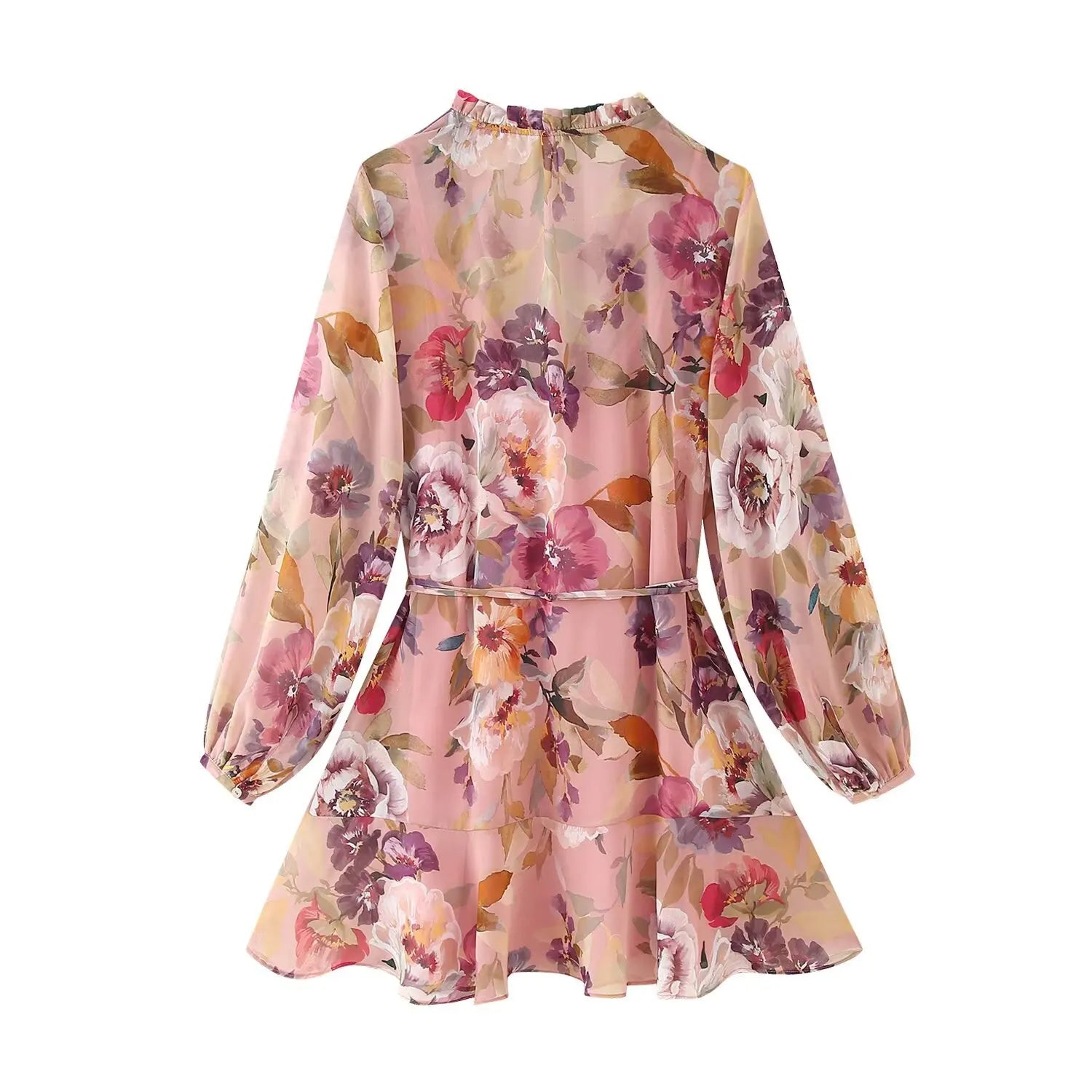 Women Lace-up Flower Print Dress Loose V-neck Long Sleeve