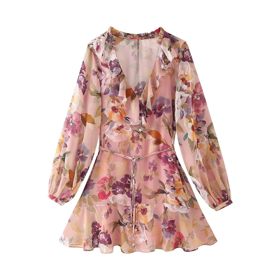 Women Lace-up Flower Print Dress Loose V-neck Long Sleeve - Printed dress / XS