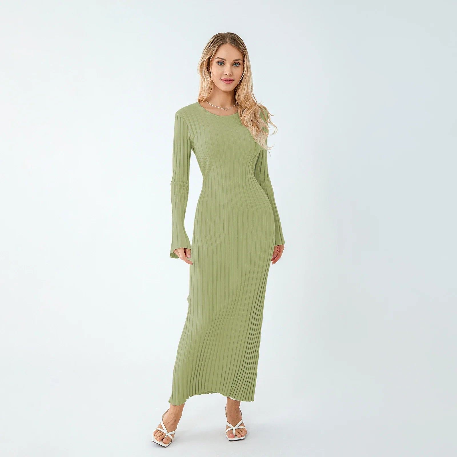 Women Lace-up Knit Dress Elegant Long Sleeve - green / L