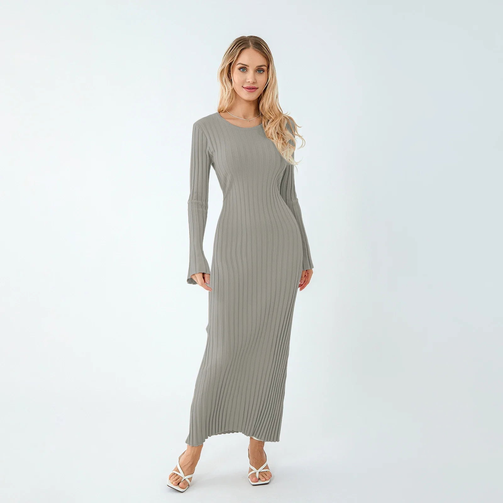 Women Lace-up Knit Dress Elegant Long Sleeve - Light Grey / L