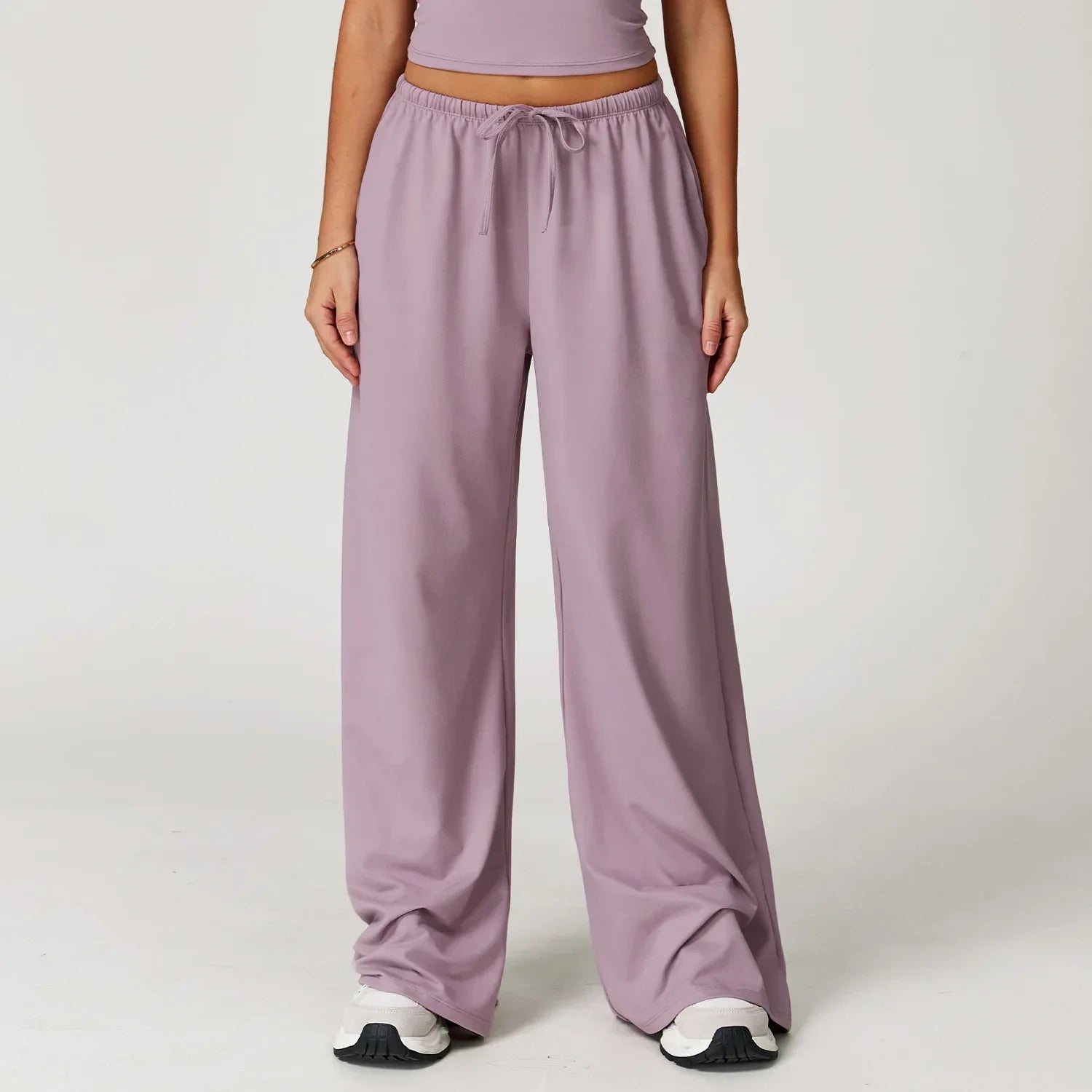 Women lilac wide leg high waist sweatpants with drawstring and pockets