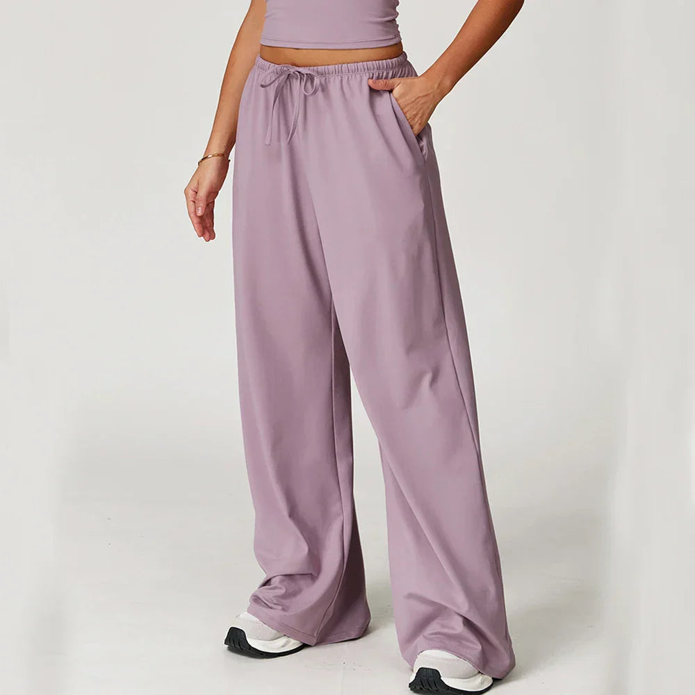 Women’s lilac wide-leg sweatpants with high-waist drawstring and pockets