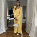 Women Long Dress Three Piece Solid Knit Halter Sleeve Cardigan Set - Yellow / L