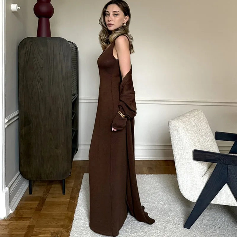 Women Long Dress Three Piece Solid Knit Halter Sleeve Cardigan Set - Brown / L