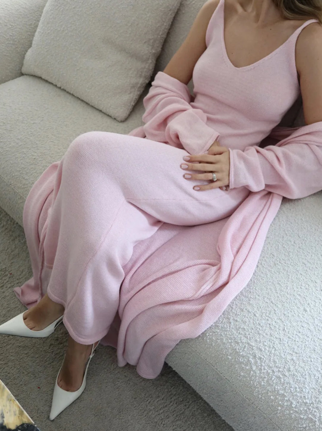 Women Long Dress Three Piece Solid Knit Halter Sleeve Cardigan Set