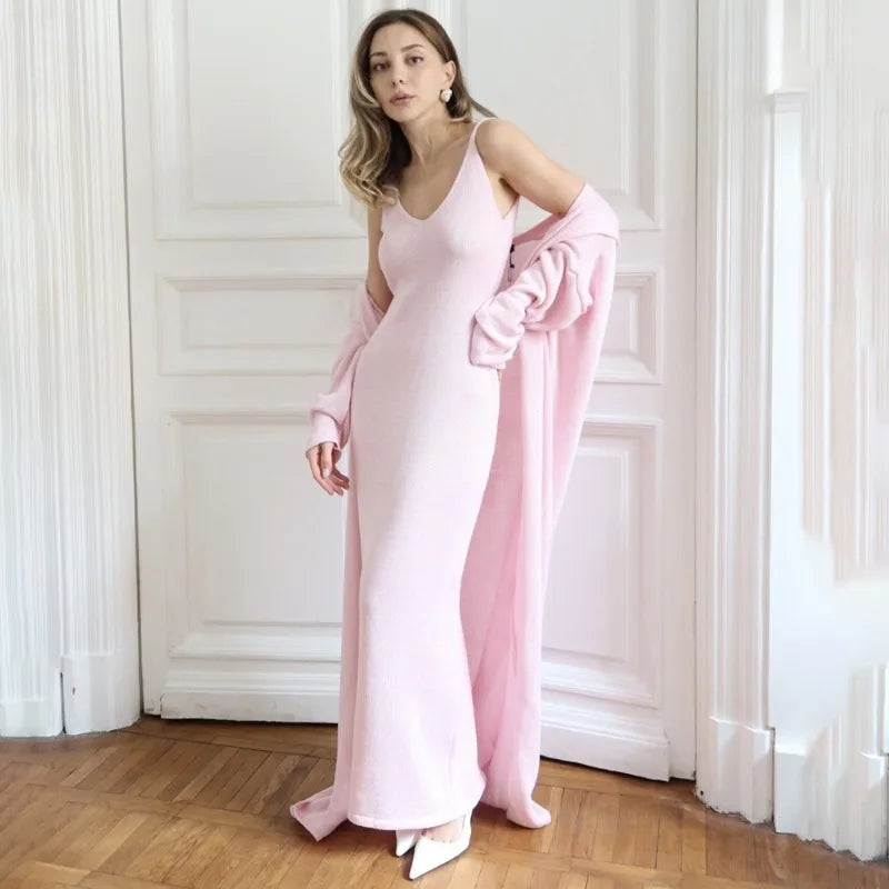 Women Long Dress Three Piece Solid Knit Halter Sleeve Cardigan Set