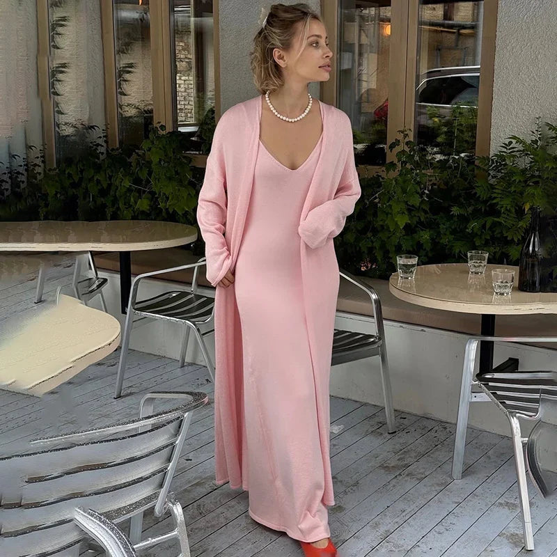 Women Long Dress Three Piece Solid Knit Halter Sleeve Cardigan Set