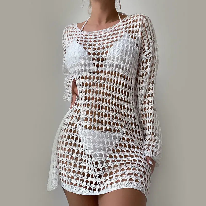 Women long sleeve Beachwear Tunic - white / One Size