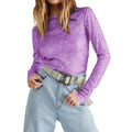 Women Long Sleeve Cropped Top Sequin Basic T-shirt - PURPLE / XL