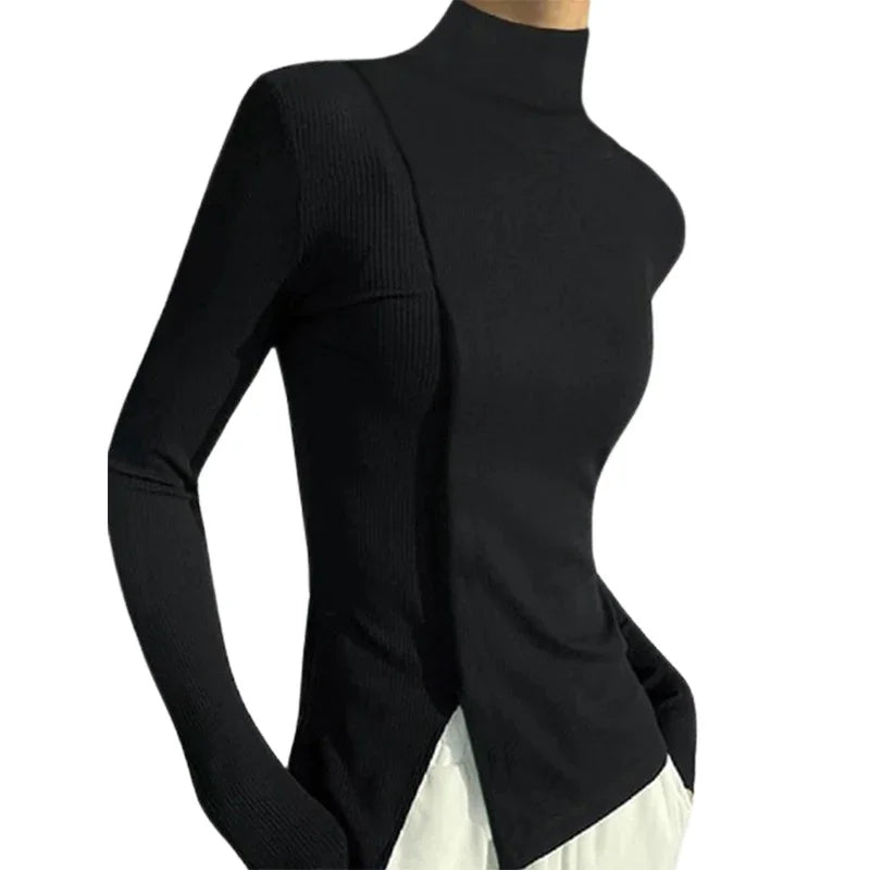 Women Long Sleeve Split-Joint High Neck T-Shirts - Black / XXL