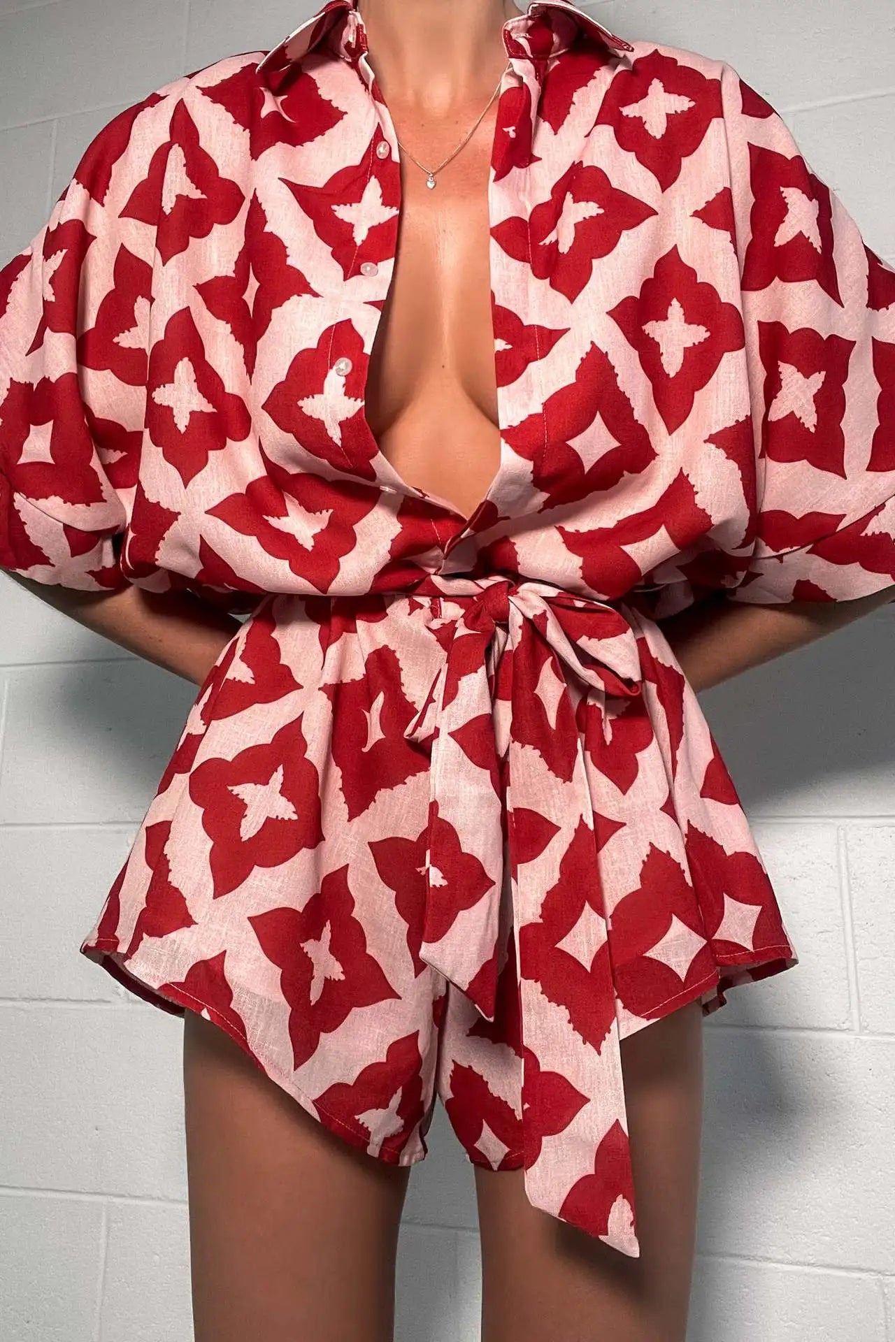 Women Loose casual Print Strap Jumpsuit Red Bow - Other