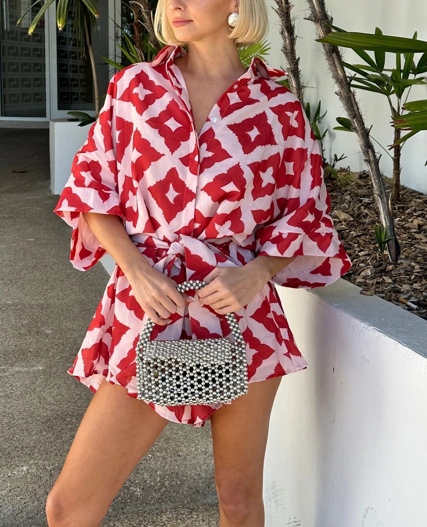 Women Loose casual Print Strap Jumpsuit Red Bow - Other