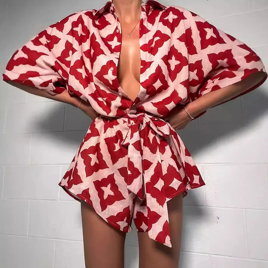 Women Loose casual Print Strap Jumpsuit Red Bow - Other