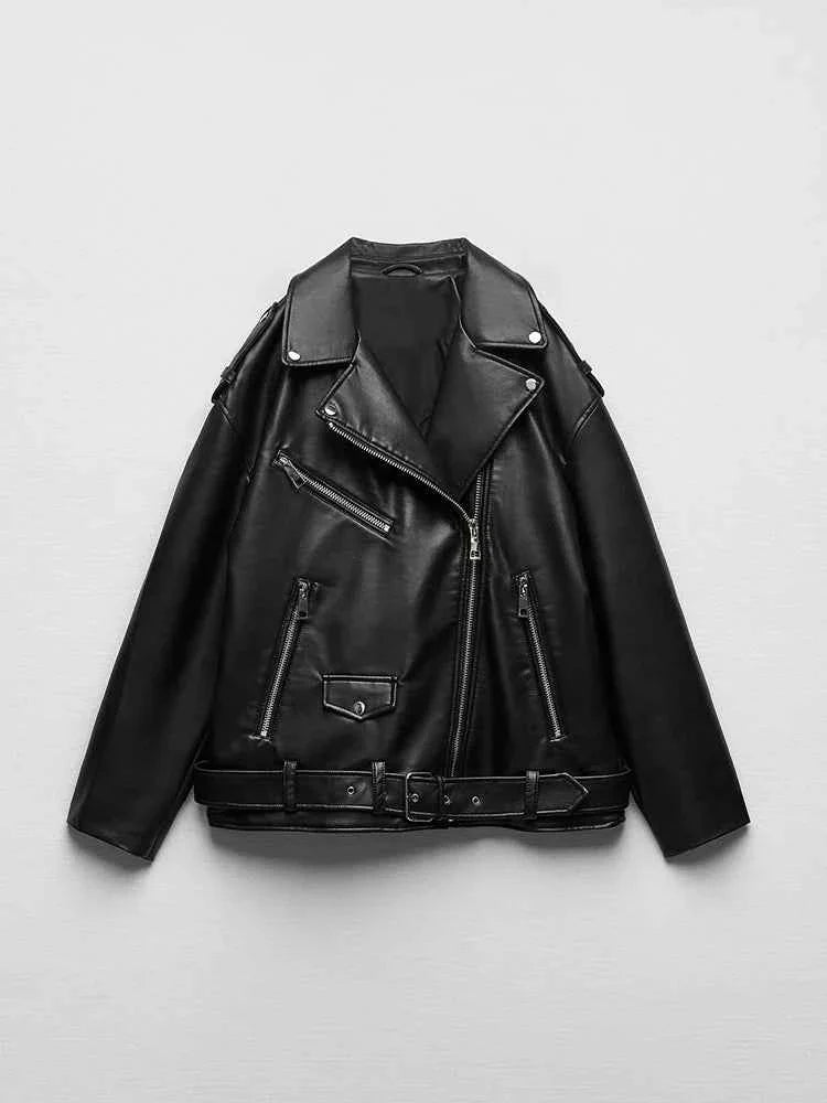 Women Loose Motorcycle Biker Black Pu Faux Leather Jacket with Belt