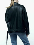 Women Loose Motorcycle Biker Black Pu Faux Leather Jacket with Belt