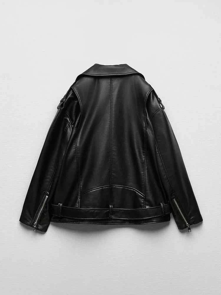 Women Loose Motorcycle Biker Black Pu Faux Leather Jacket with Belt