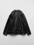 Women Loose Motorcycle Biker Black Pu Faux Leather Jacket with Belt
