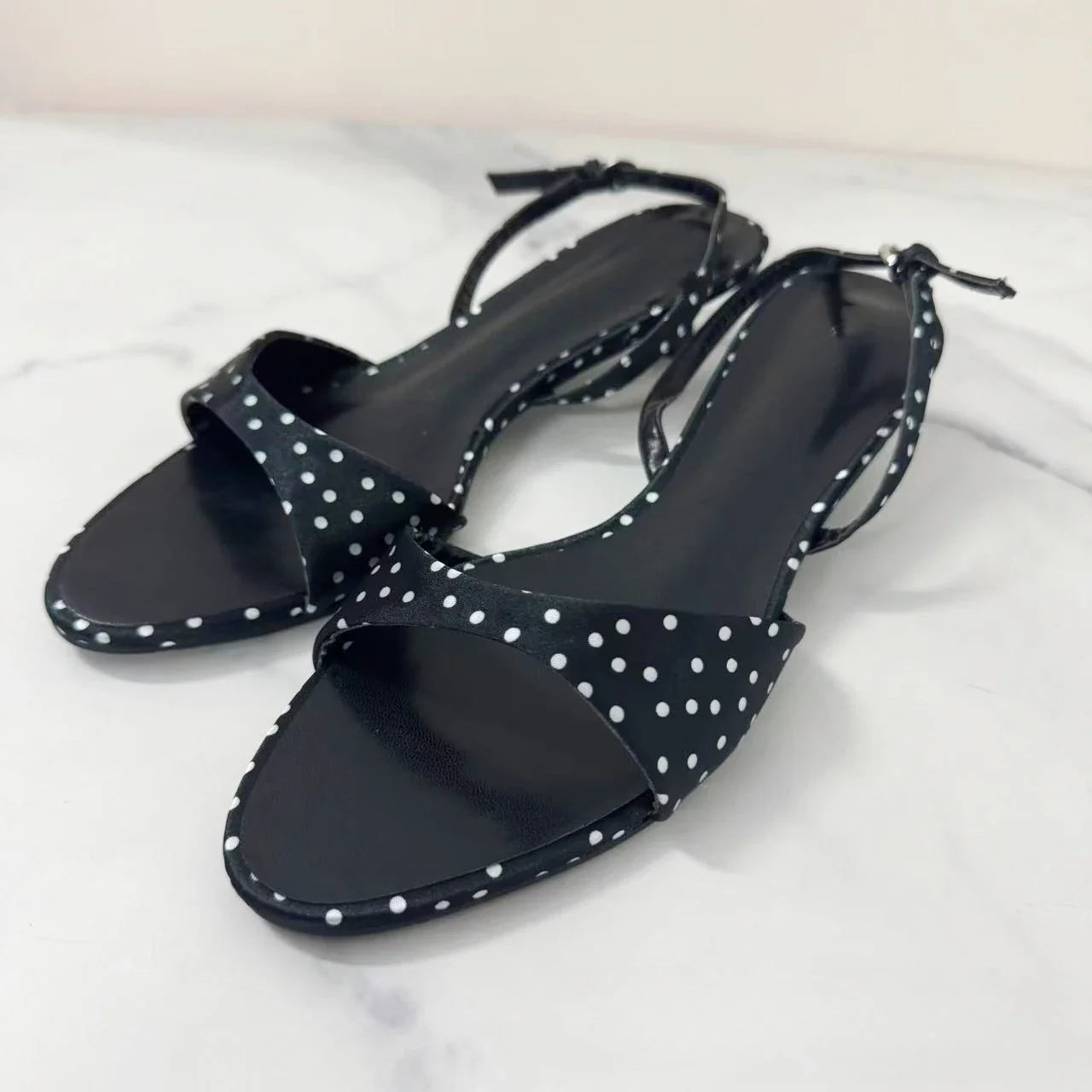 Women Modern Sandals Polka Dot Satin Open Toe - black / 39
