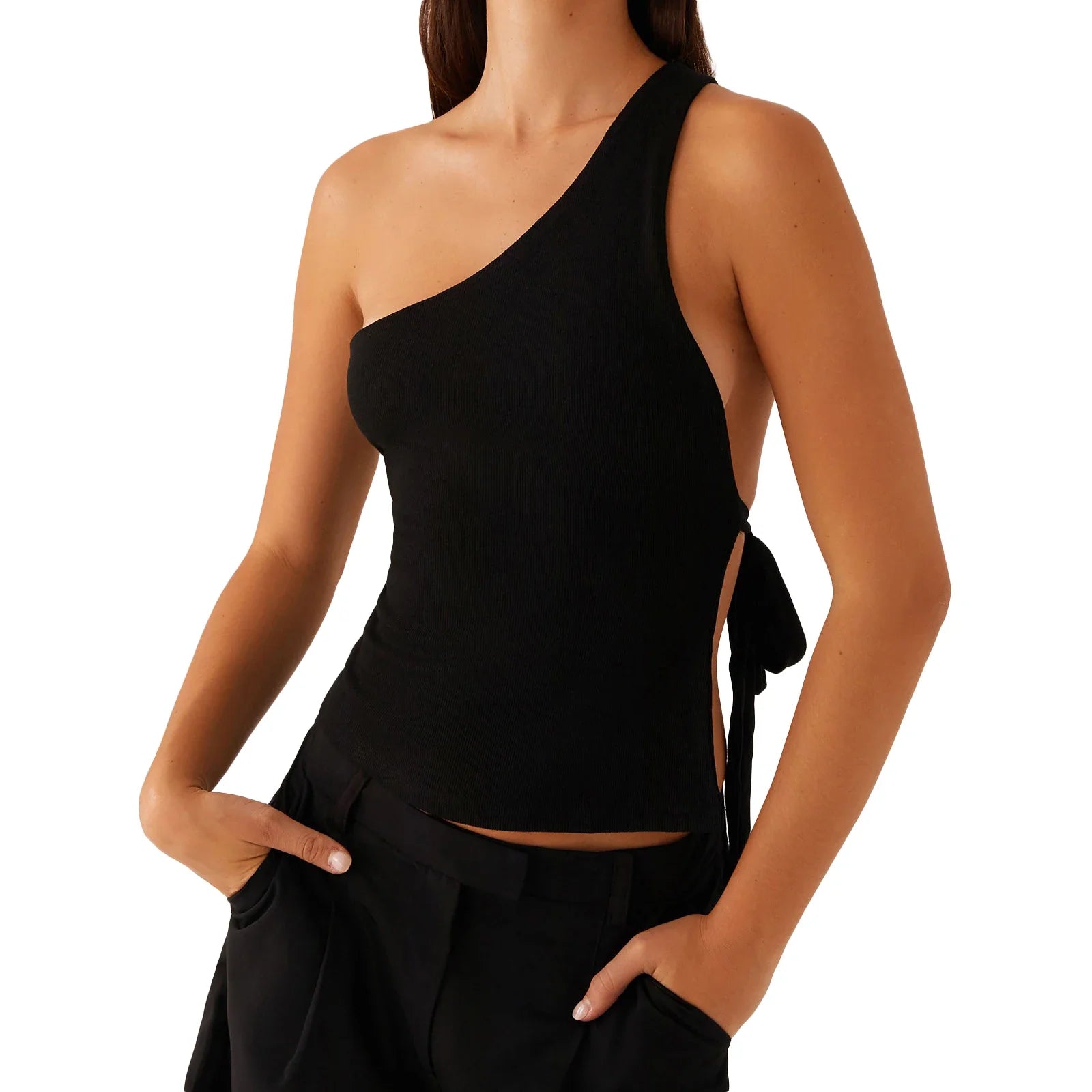 Women Off One Shoulder Tank Tops - black / L