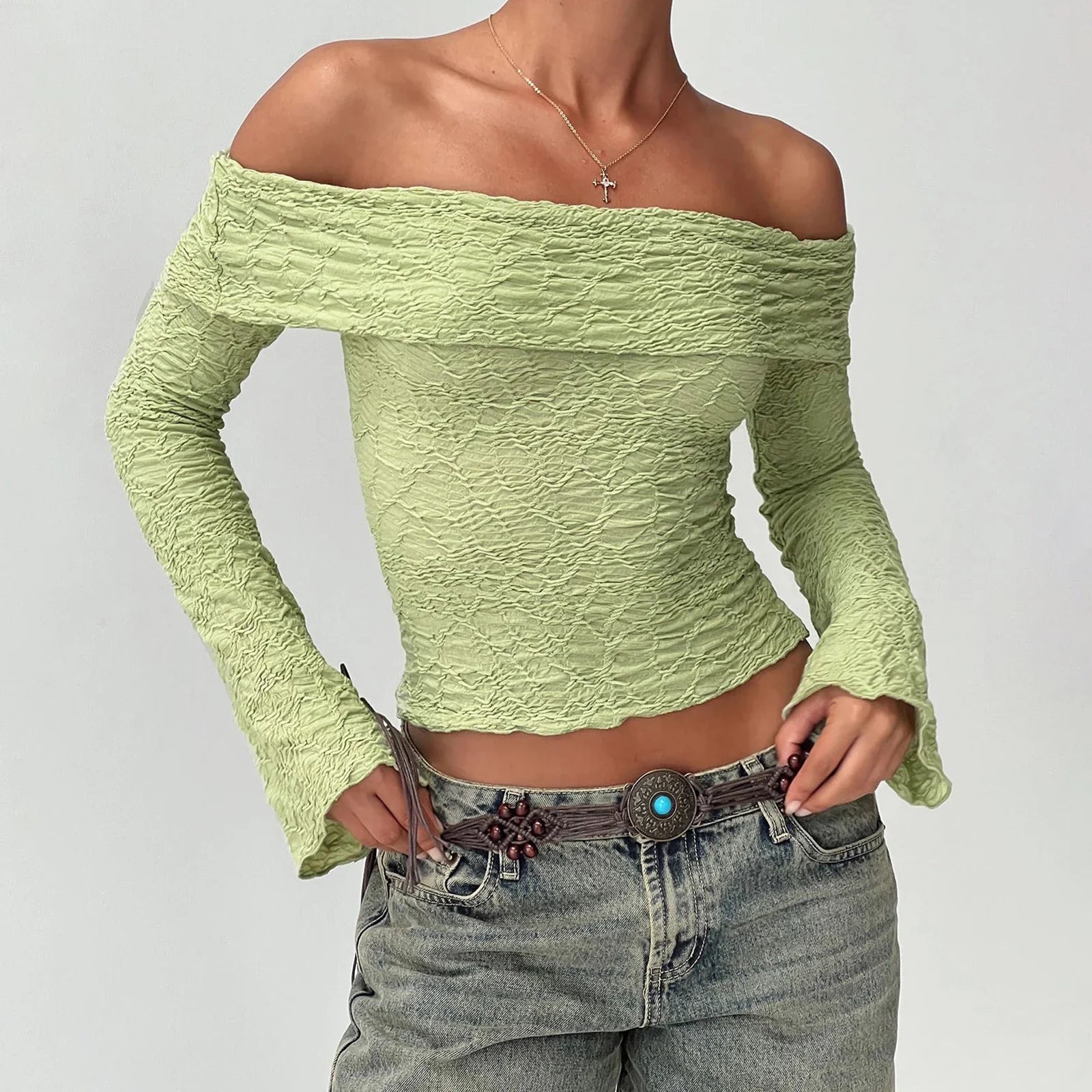 Women Off Shoulder Top - green / L