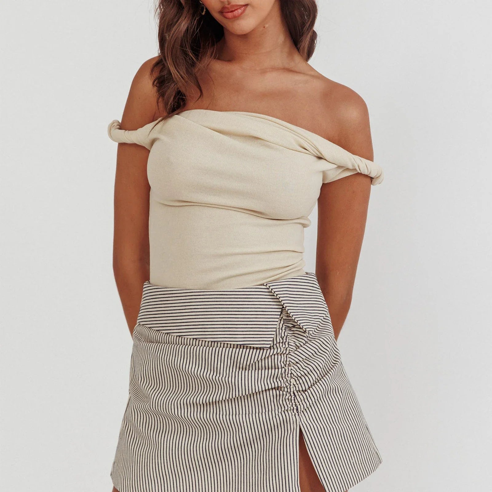 Women Off Shoulder Top Sleeveless Twist Strap Tank - C / L