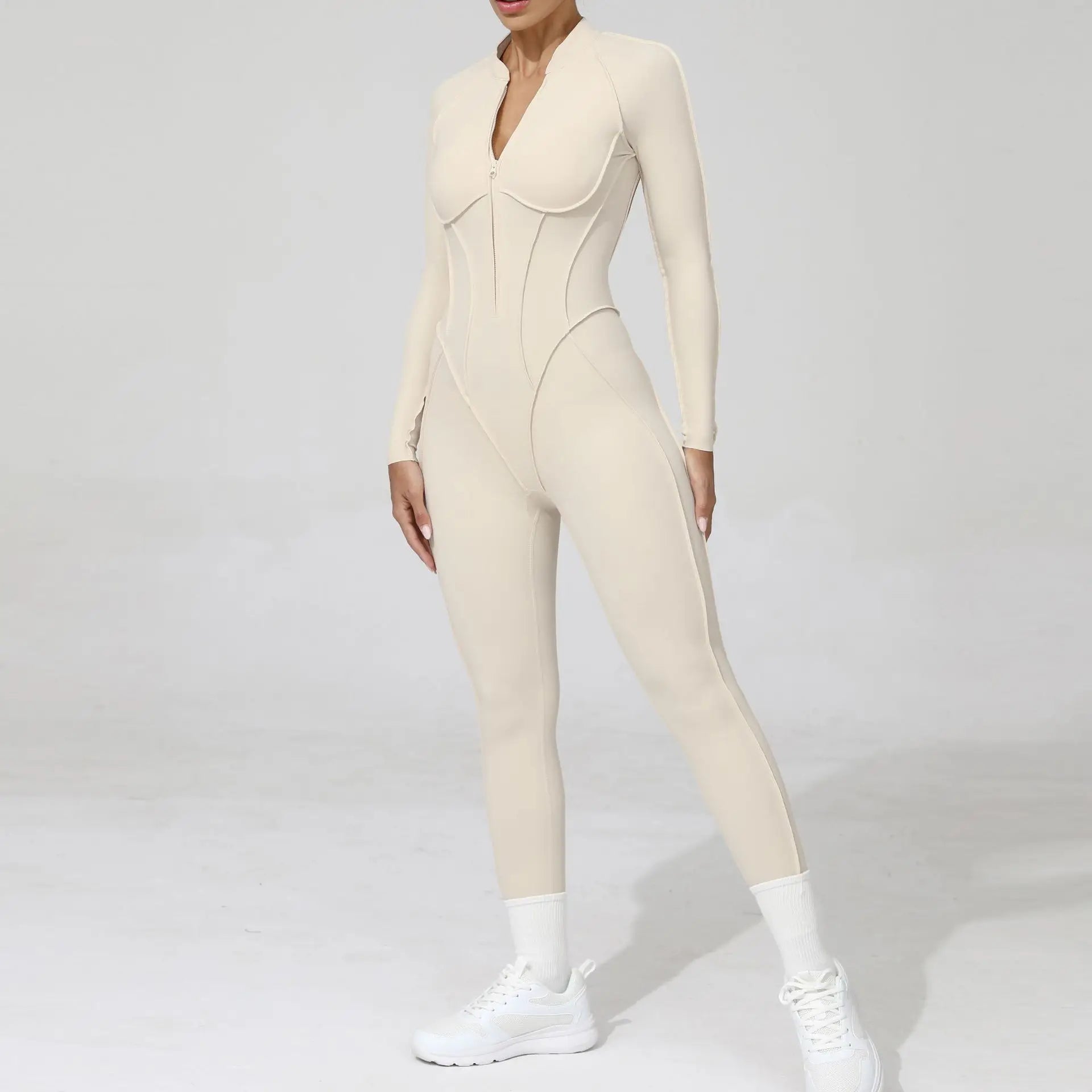 Women One Piece V Back Tracksuit - beige / L / CHINA