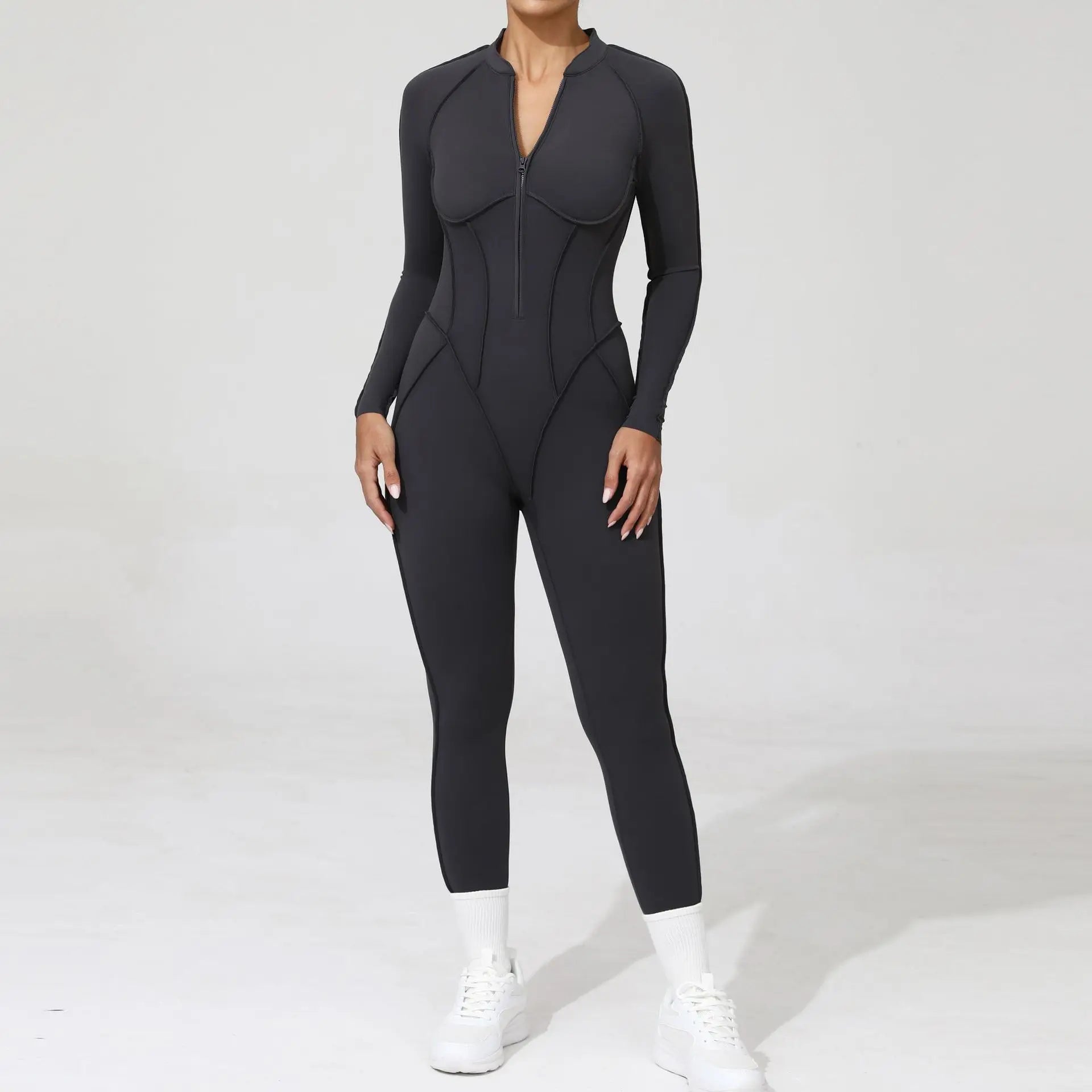 Women One Piece V Back Tracksuit - charcoal gray / L / CHINA