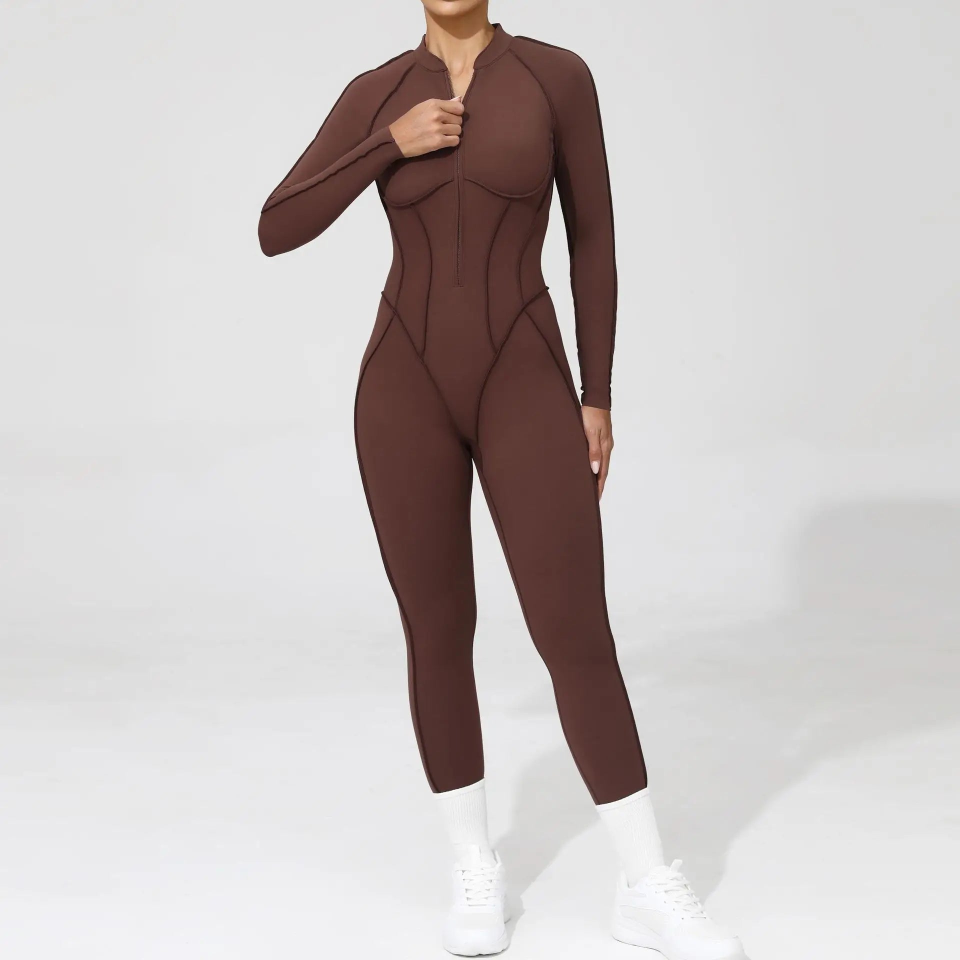 Women One Piece V Back Tracksuit - coffee / L / CHINA