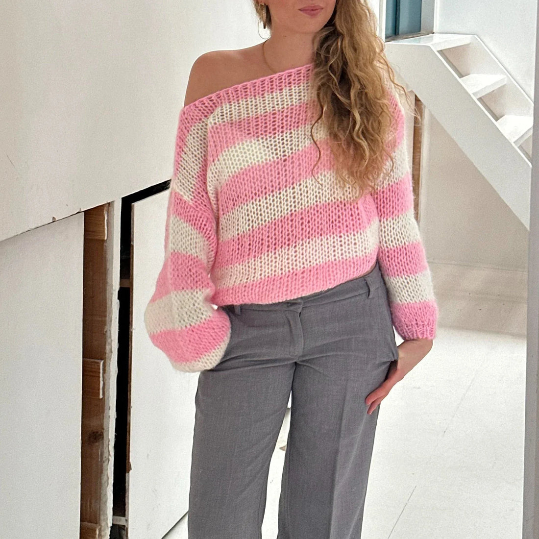 Women Oversized Striped Sweater - Pink / S