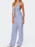 Women Pants Outfits Striped/Solid Halter Tie-Up Backless Tank Tops Wide-Leg 2 Pieces Set - I / L
