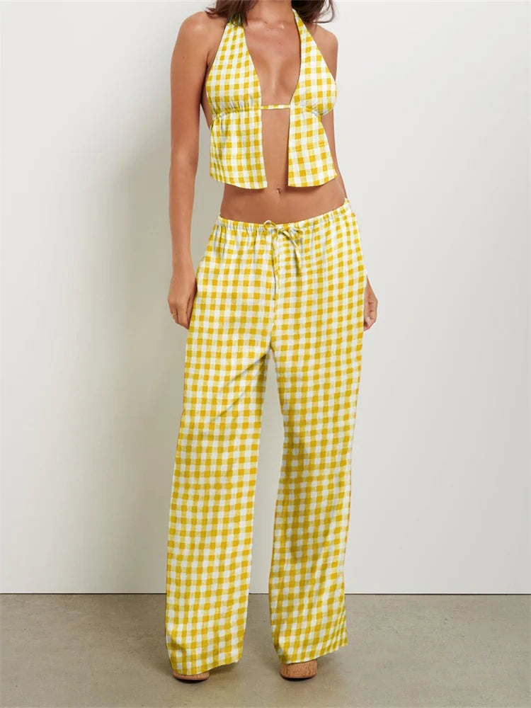 Women Pants Outfits Striped/Solid Halter Tie-Up Backless Tank Tops Wide-Leg 2 Pieces Set - F / S