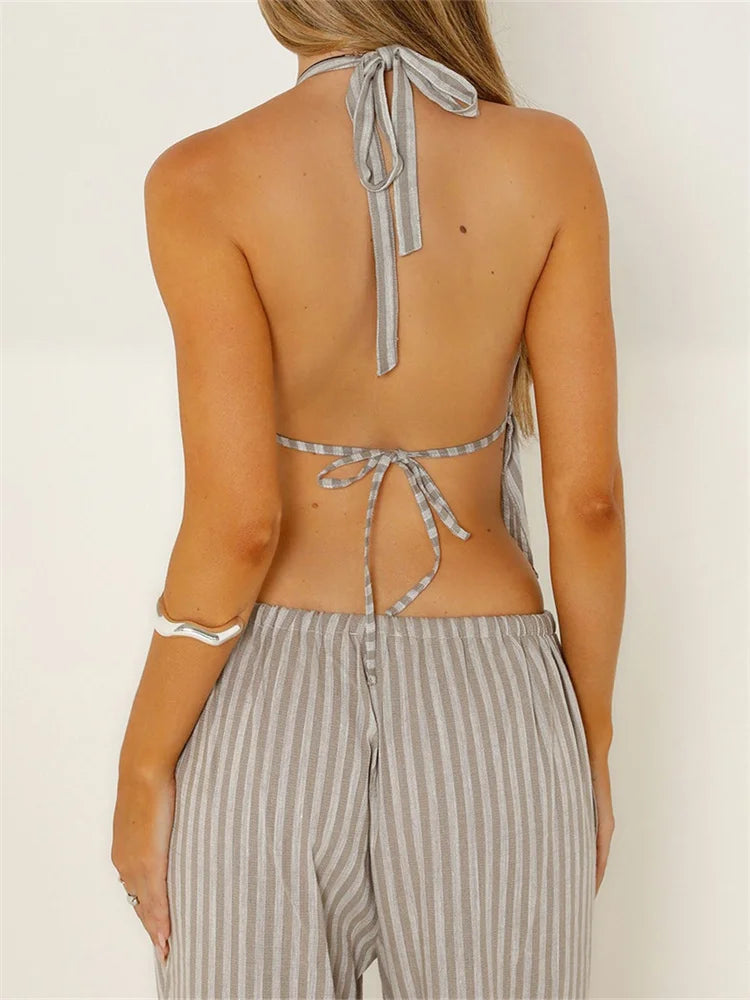 Women Pants Outfits Striped/Solid Halter Tie-Up Backless Tank Tops Wide-Leg 2 Pieces Set
