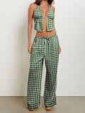 Women Pants Outfits Striped/Solid Halter Tie-Up Backless Tank Tops Wide-Leg 2 Pieces Set - G / M