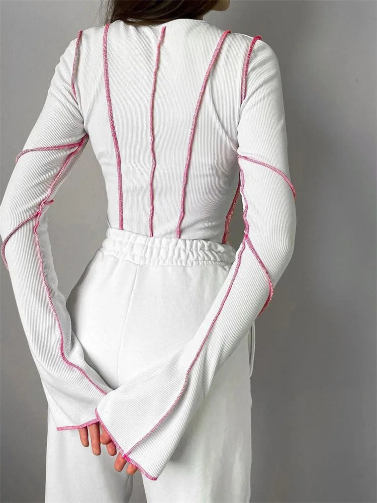 Women Patchwork T-Shirts Chic Casual Long Flare Sleeve Round Neck - Other