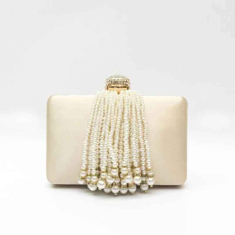 Women Pearl Tassel Satin Evening Bag
