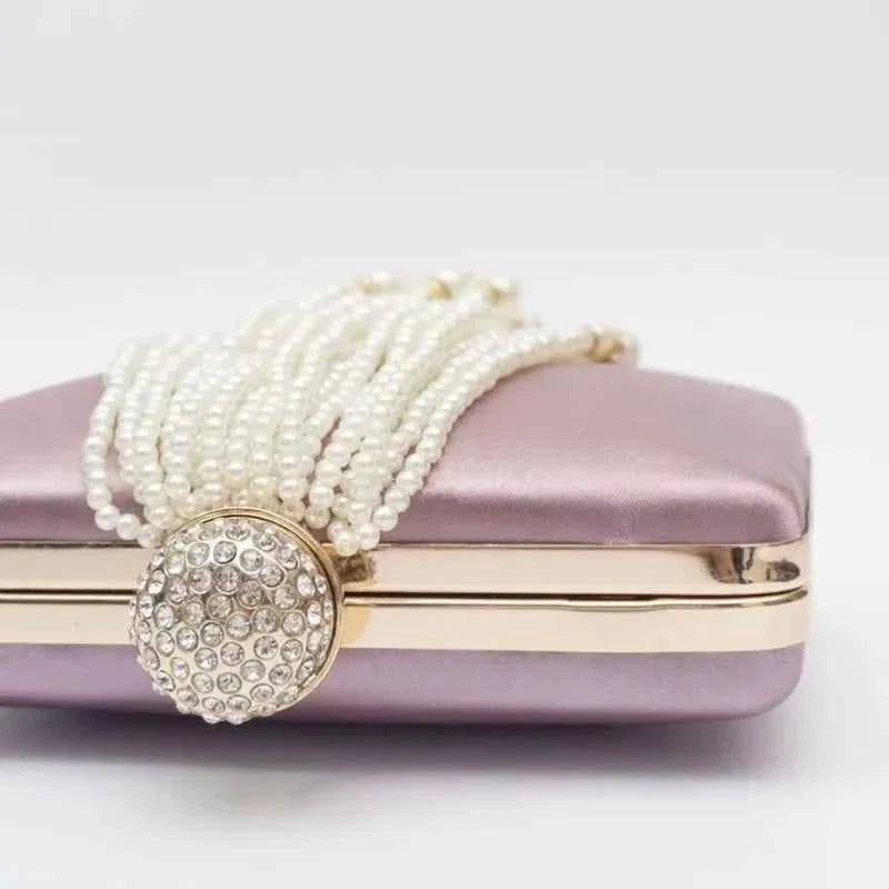 Women Pearl Tassel Satin Evening Bag