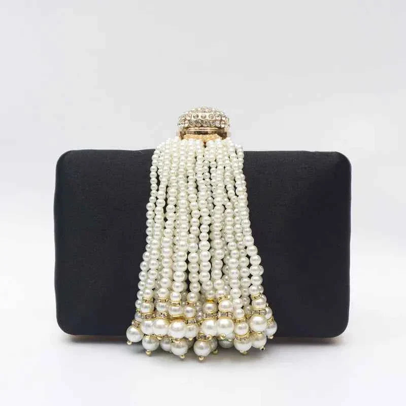 Women Pearl Tassel Satin Evening Bag