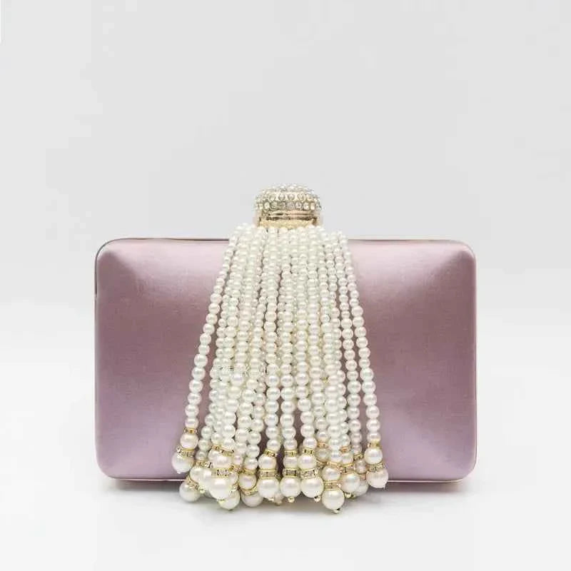 Women Pearl Tassel Satin Evening Bag