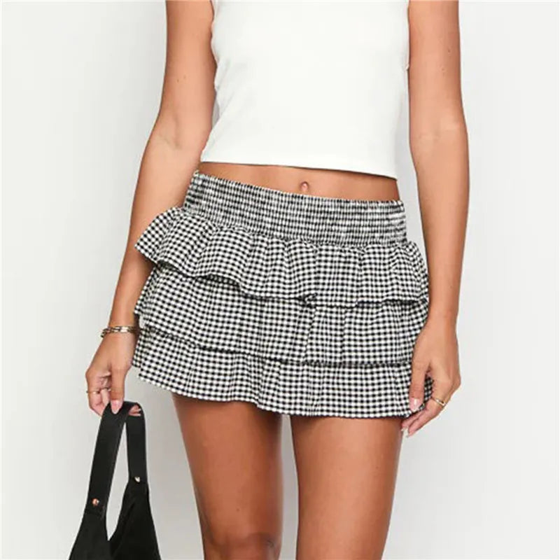 Women Plaid Ruffle Mini Skirt - black / L